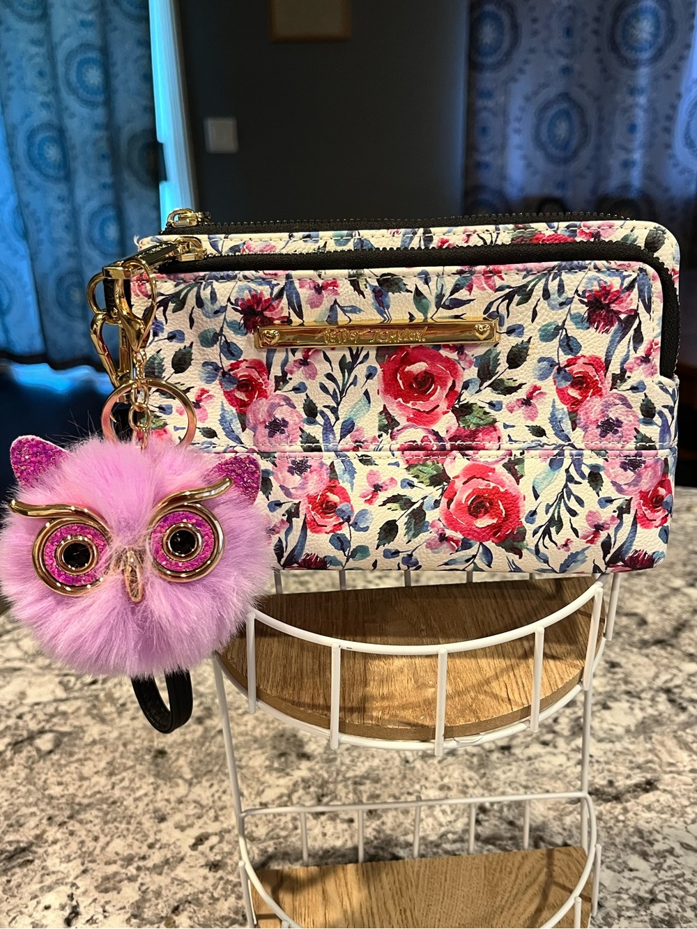 Betsey Johnson Wristlet with Fuzzy Owl Keychain